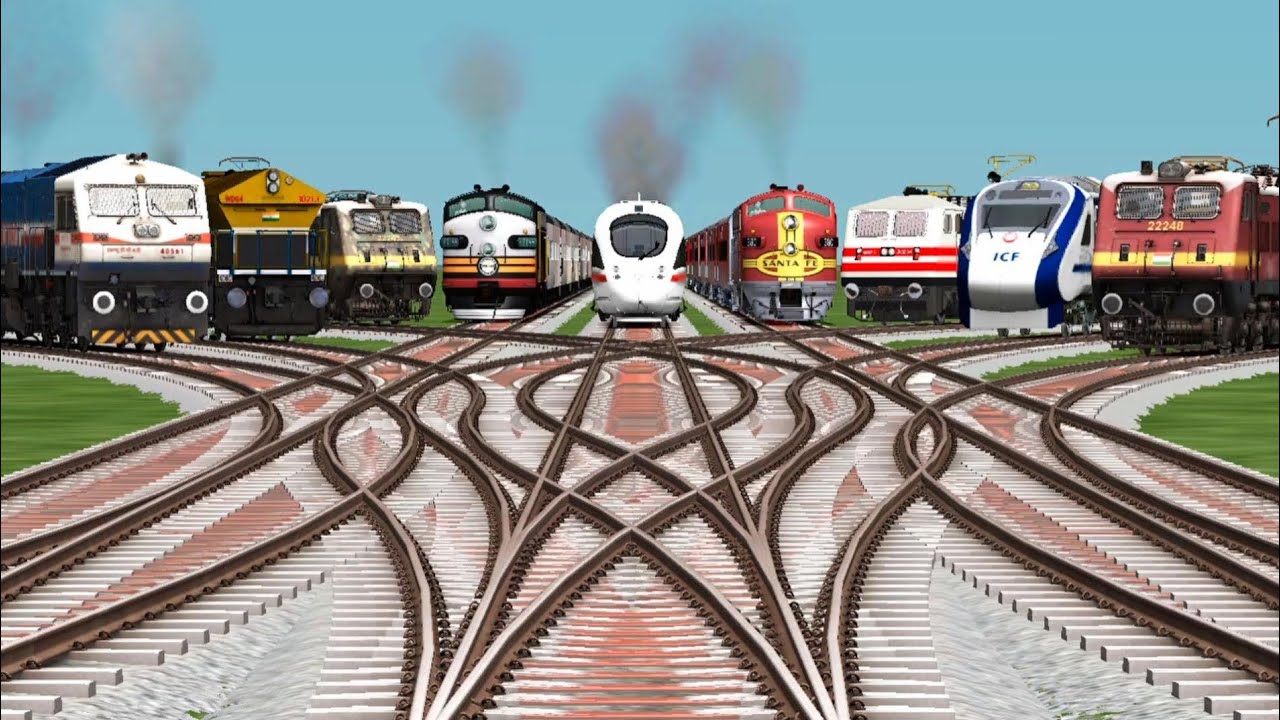 9 Mega Trains Crossing By Bumpy Branched Railroad Tracks || Train Journey || Train Simulators 