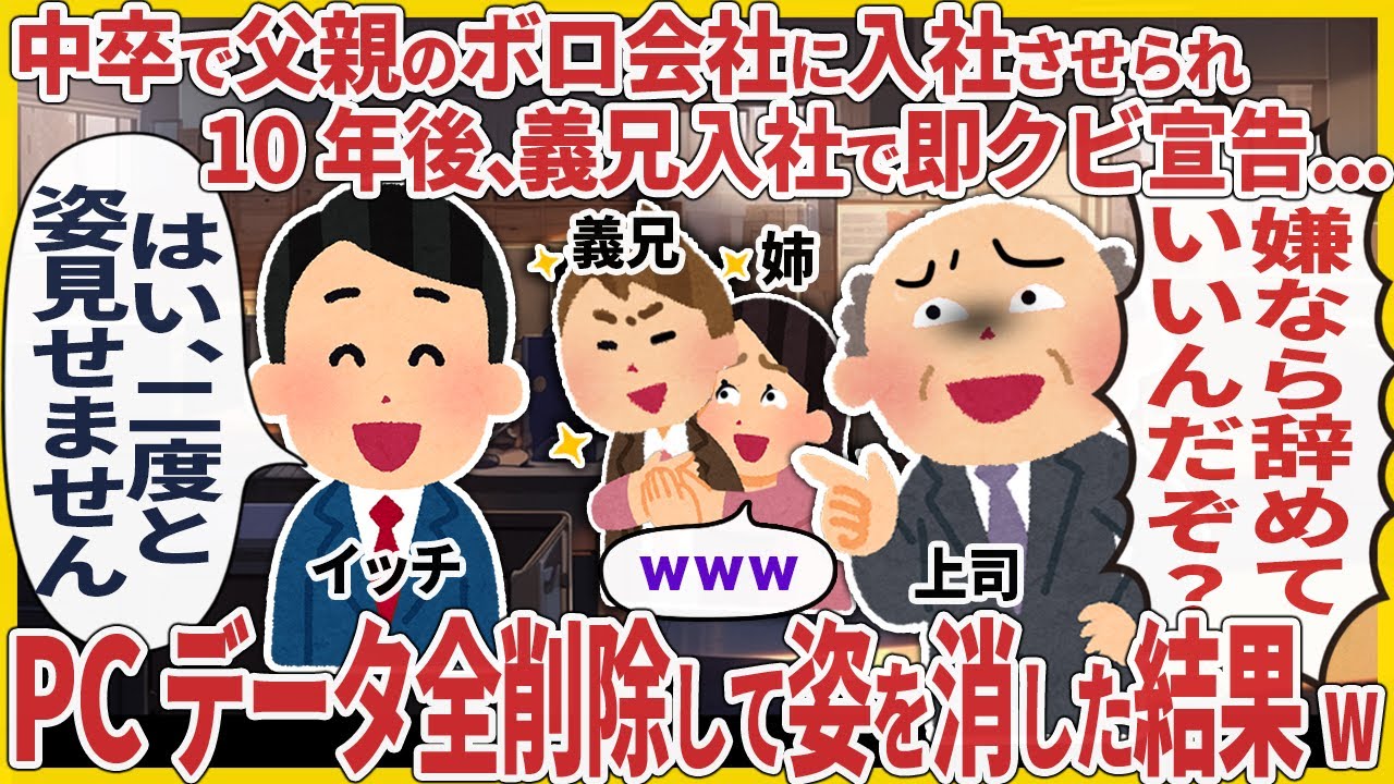 中卒で父親のボロ会社に入社させられ10年後、義兄入社で即クビ宣告... → PCデータ全削除して姿を消した結果w【2ch仕事スレ】