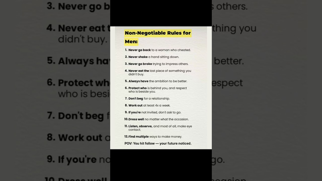 NON NEGOTIABLE RULES FOR MEN #negotiable #rules #rulesofsurvival #motivation #goals #ruleyourself