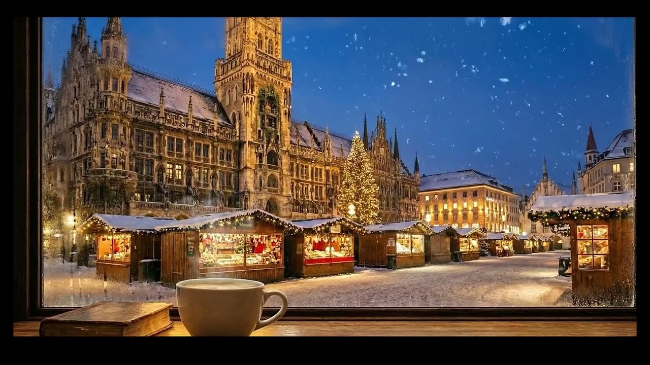 Magical Snowy Christmas Market | Cozy Cafe & Falling Snow for Sleep