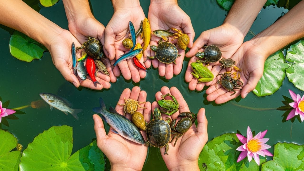 Catching Colorful Wild Pond Creatures | Fish, Frogs, Turtles & Snails in Natural Mud Water!