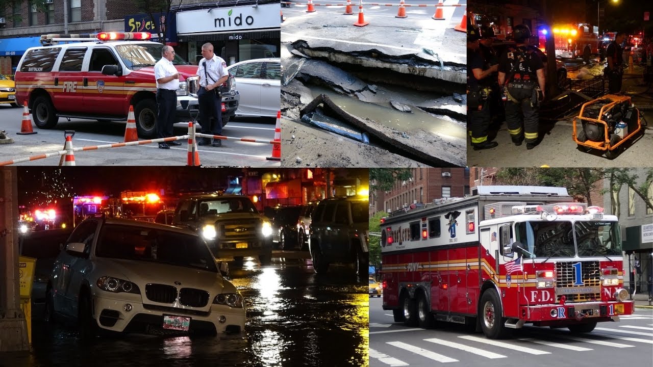 Fire trucks responding - Sinkhole swallows car + floods New York