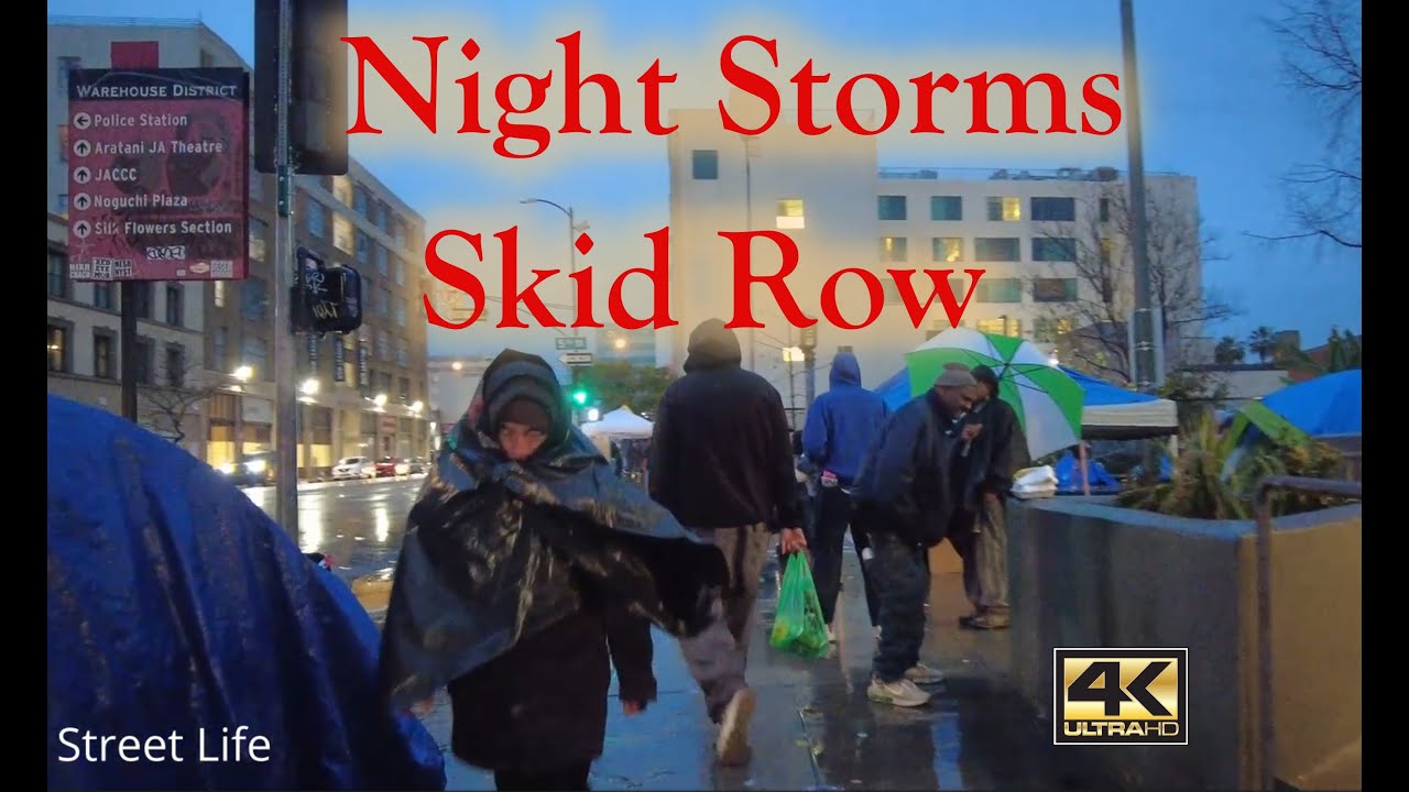 Night Walk into a Rainstorm on Skid Row Homeless Encampments Los Angeles