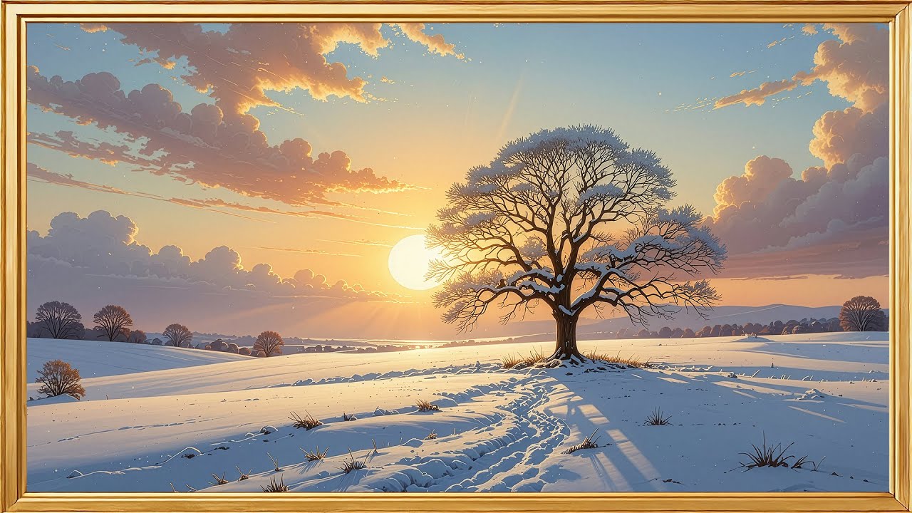 4K Framed TV Art: Golden Winter Sunrise & Lone Tree | Quiet Winter Ambience