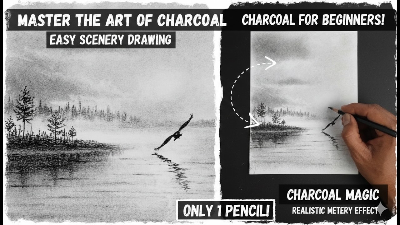 Flying bird landscape scenery drawing for beginners/ charcoal art magic: