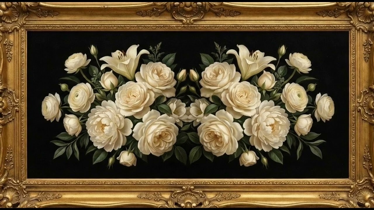 Luxury Dark Floral Wallpaper 4K Golden Frame Peonies | Elegant Art for TV & Relax