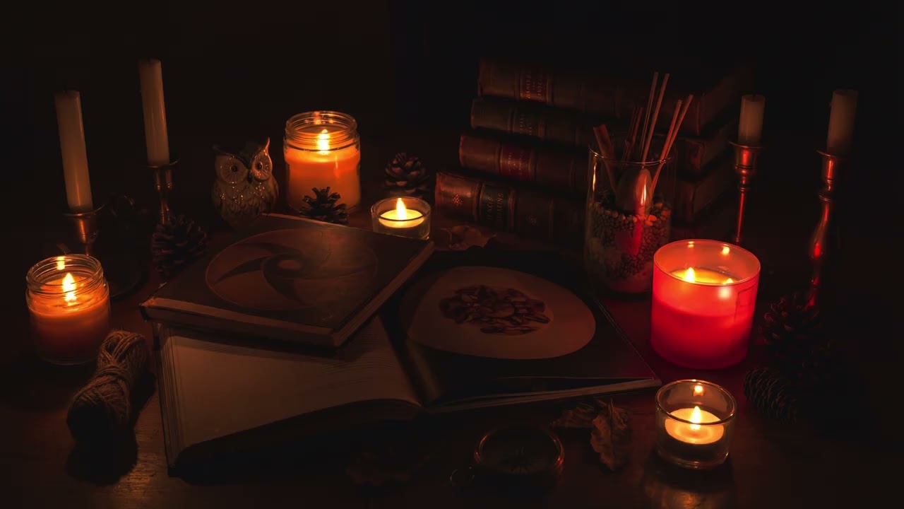 Relax and focus in a Dark and mystical Candlelights and books ambience 4k HDR high quality