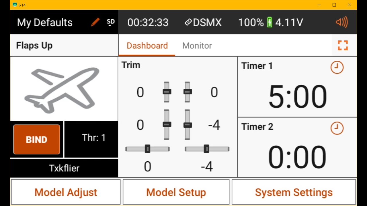 Настройка триммера режима полета в Spektrum iX14