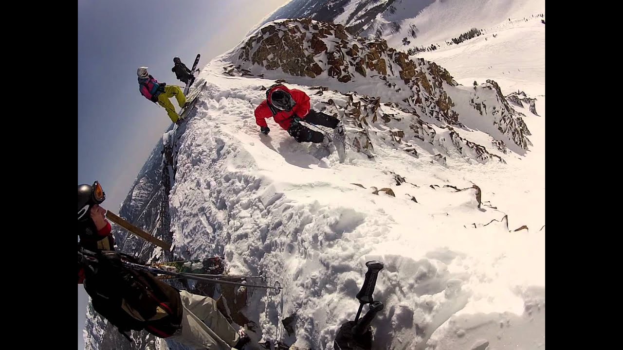 Crazy skier drop in A to Z Chutes at Big Sky Montana extreme skiing video.MP4