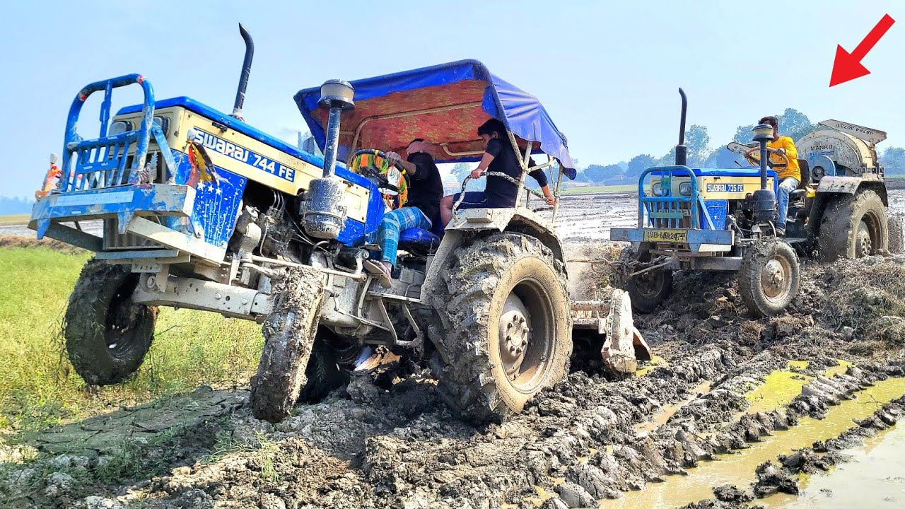Swaraj 735 Fe And 744 Tractor Stuck in Mud Tractor Toching | Thresher Machine Mud
