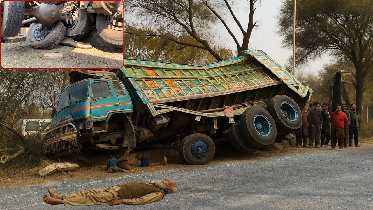 Front Axle Of A Loaded Truck Broke Due To Slippery Road.Emergency Rescue