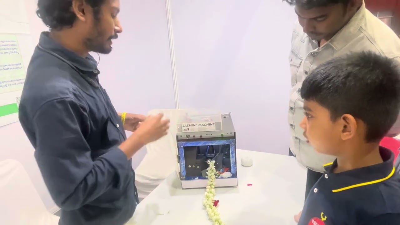 The jasmine flower mala-making machine. Maker&rsquo;s details in the description