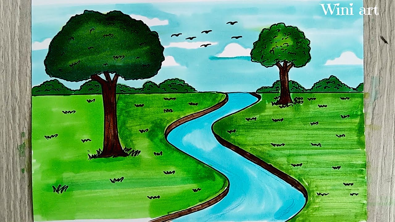 رسم | رسم منظر طبيعي مع اشجار سهلة جدا  | رسم مناظر طبيعية بالالوان للمبتدئين  | رسم سهل | رسم 🎨