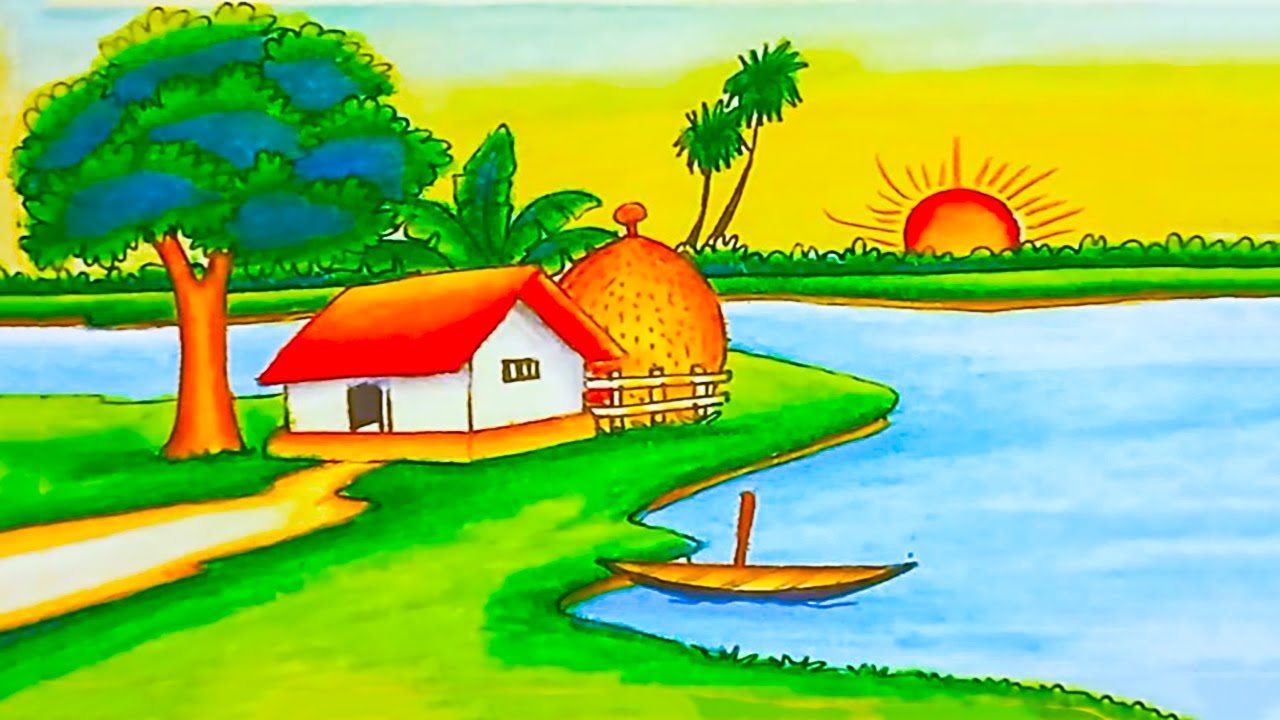 How to Draw Sunset Scenery Easily | Village Drawing Tutorial for Beginners Drawing Village Landscape