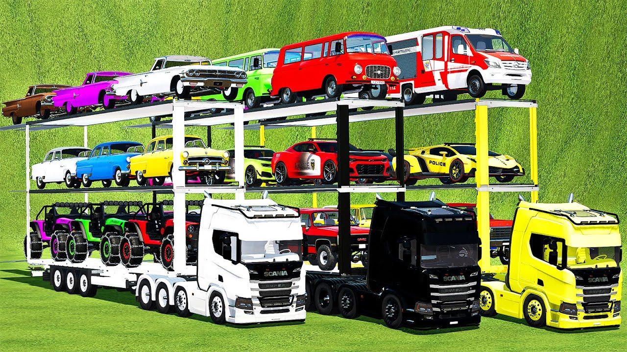 TREE COLOR OVERSIZED TRANSPORT DIFFERENT CARS WITH SCANIA TRUCKS! Farming Simulator 22