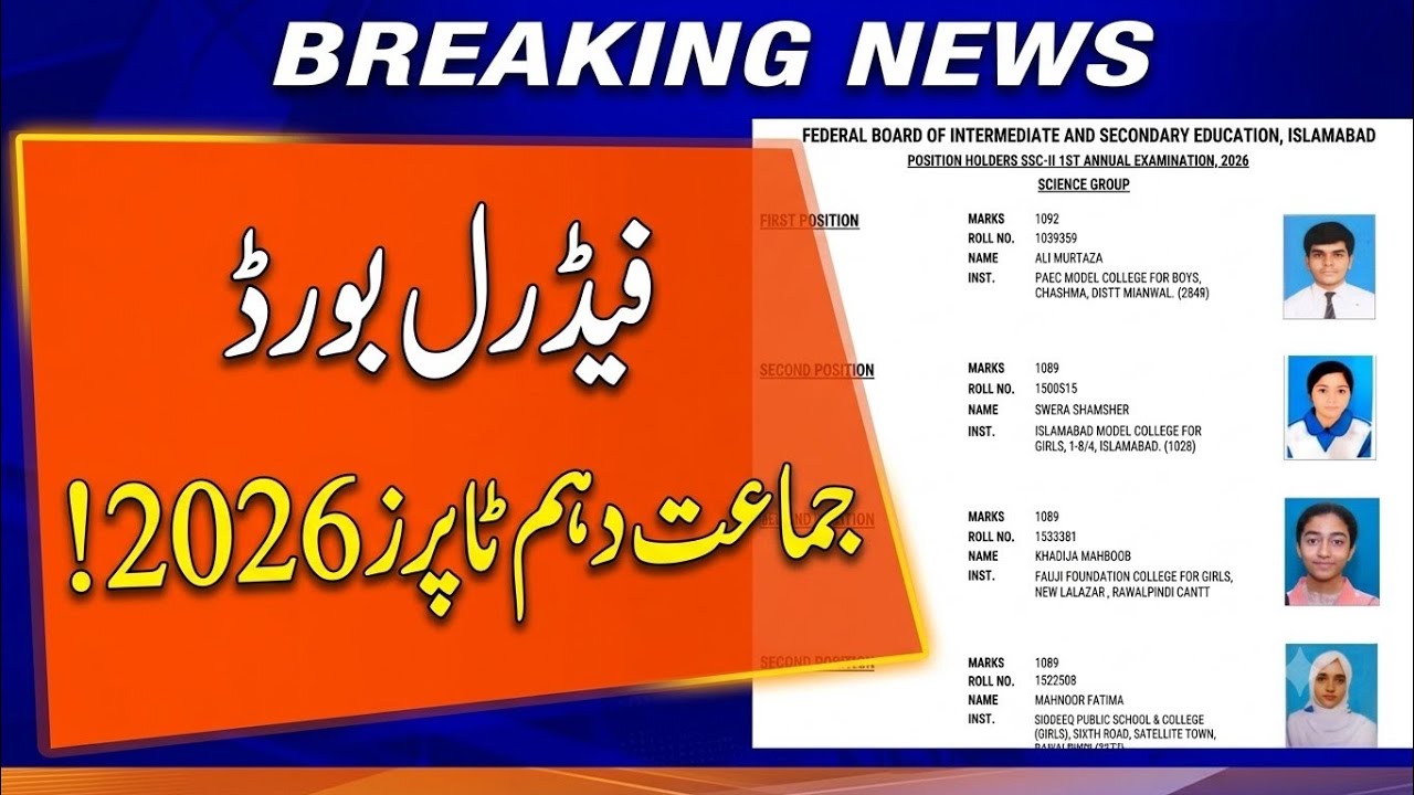 Federal Board Class 10 TOPPPERS Annual Exam 2026 | Fbise Class 10 Top Position Holders Annual 2026 |