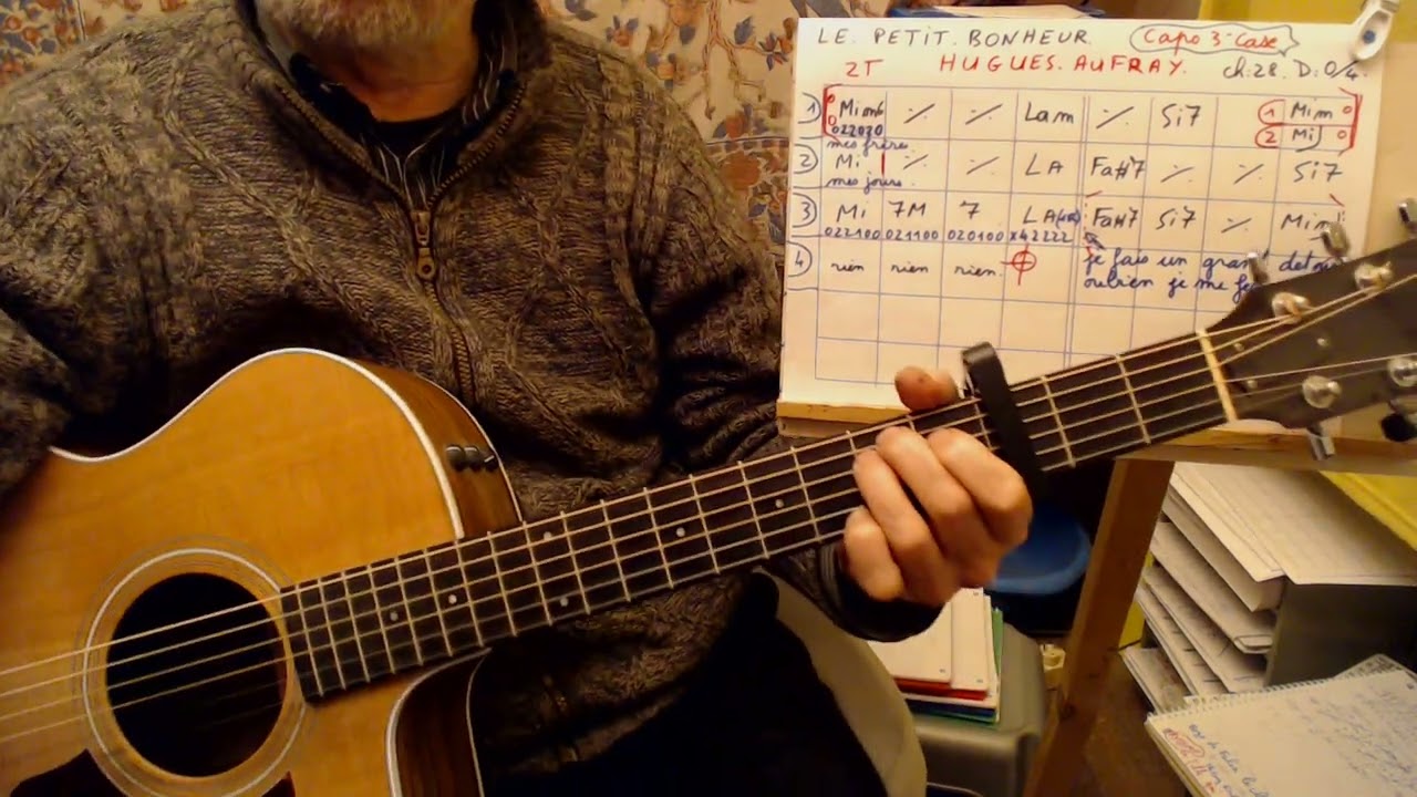 LE PETIT BONHEUR DE HUGUES AUFRAY  //  ACCORDS GUITARE /QSQS 7 / CH : 28 / D : 1/4 .
