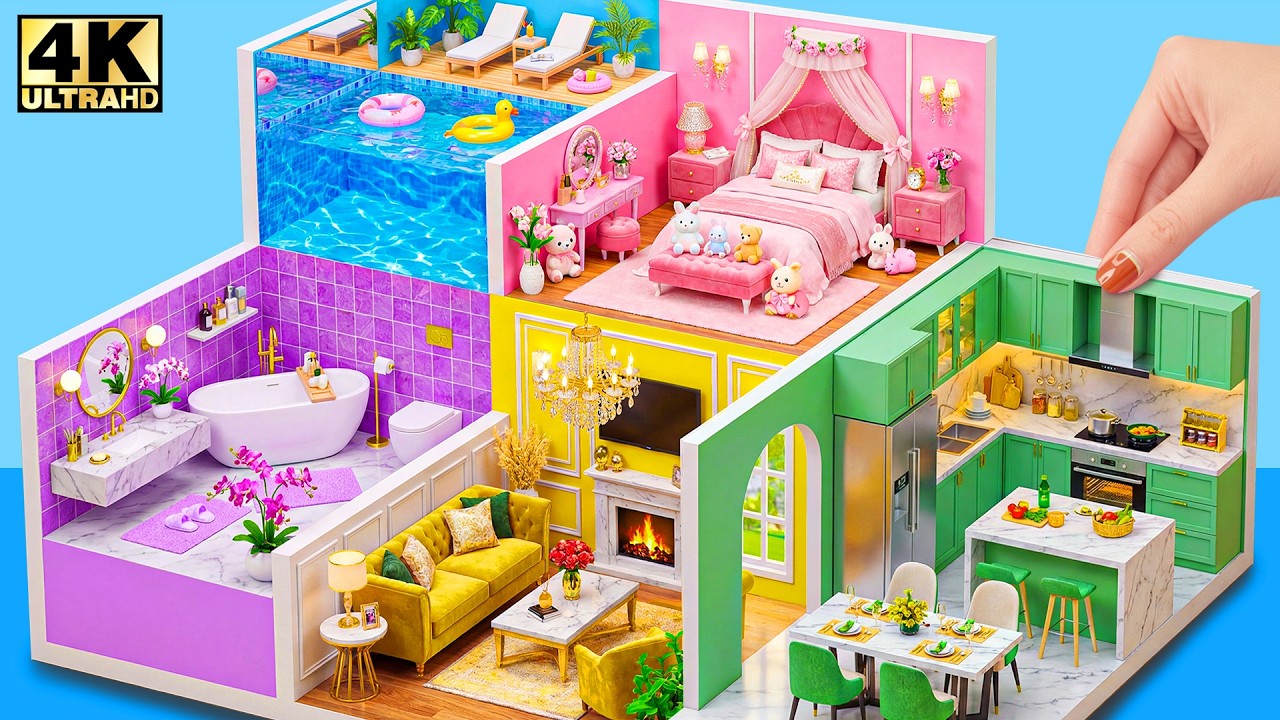 Make 5-Color Luxury Mini House with Rooftop Pool & Royal Pink Bedroom 🌈❤️ | DIY Miniature House