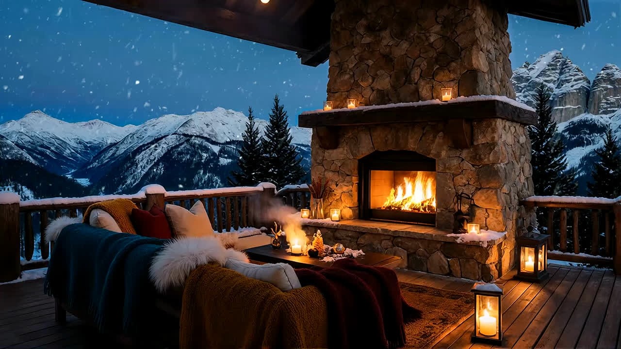 Cozy Mountain Balcony Winter Fireplace Ambience – Calm, Focus, Rest
