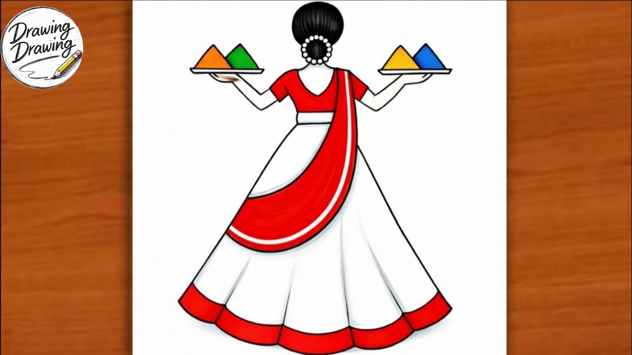 Holi drawing for kids | Holi drawing easy step by step I how to a draw traditional girl with Holi 