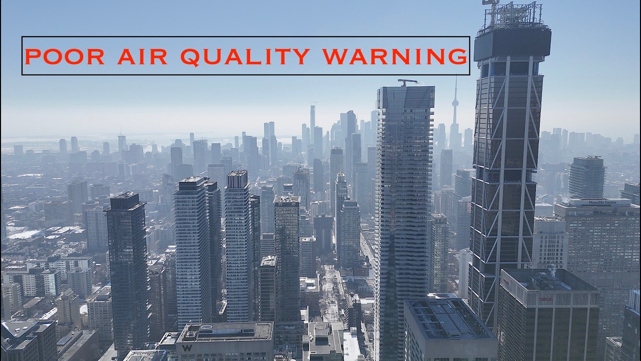 Downtown Toronto Drone Flight showing poor air quality - 4K