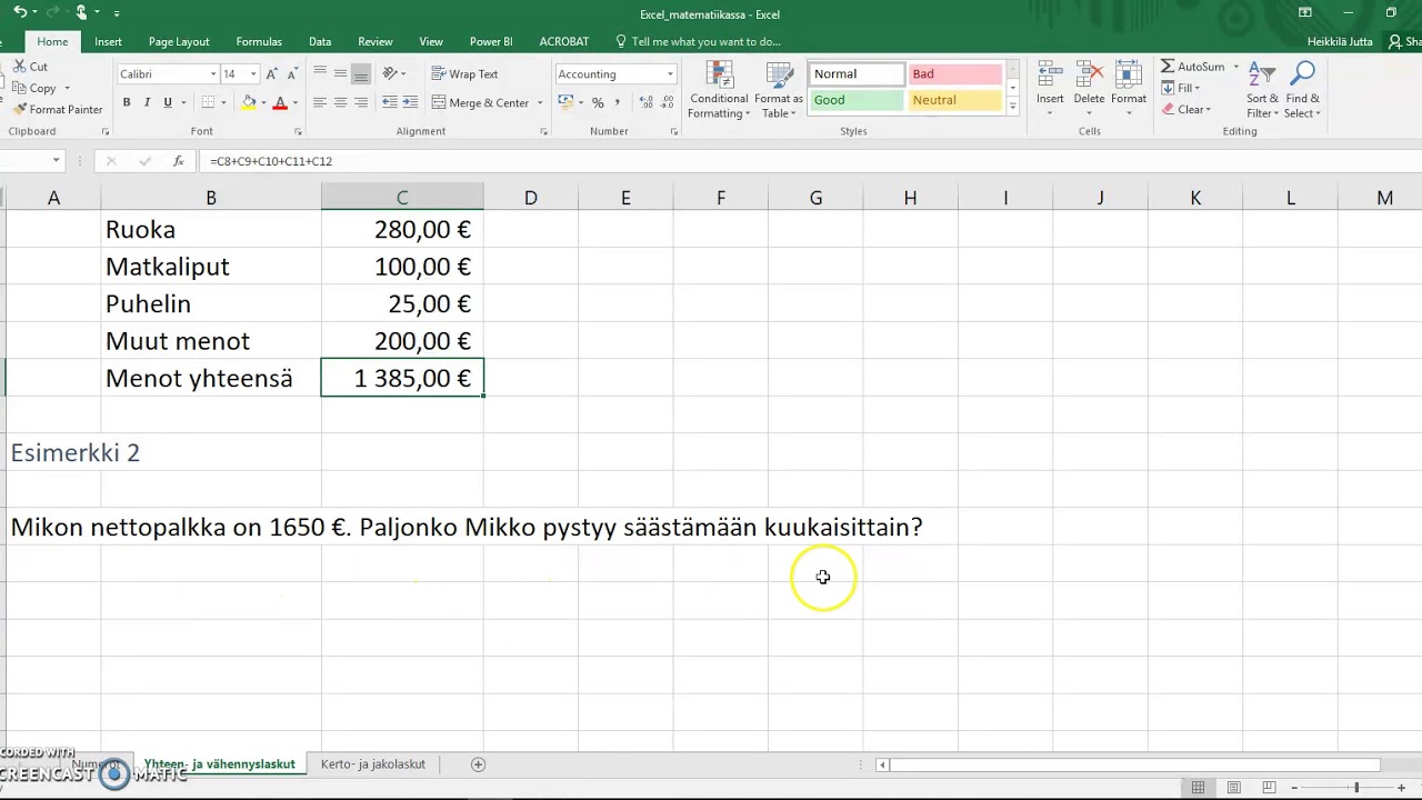 Excel: yhteen- ja vähennyslaskut