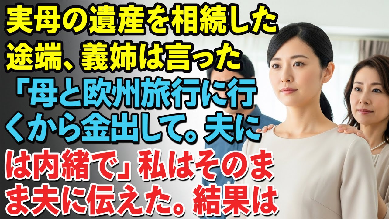 実母の遺産を相続した途端、義姉は言った——「母と欧州旅行に行くから金出して。夫には内緒で」。私はそのまま夫に伝えた。結果は……。