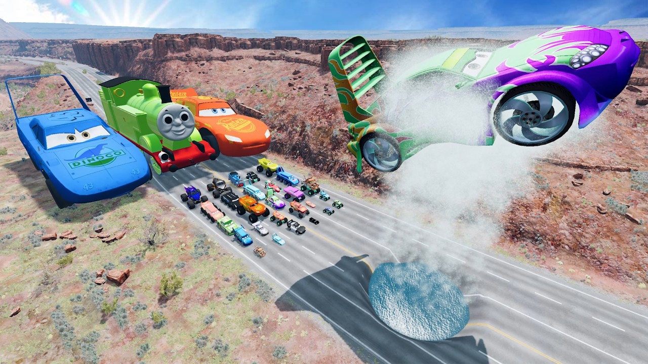 Big & Small Pixar Car, Lightning McQueen vs Tow Mater, King Dinoco vs GEYSER - BeamNG.Drive