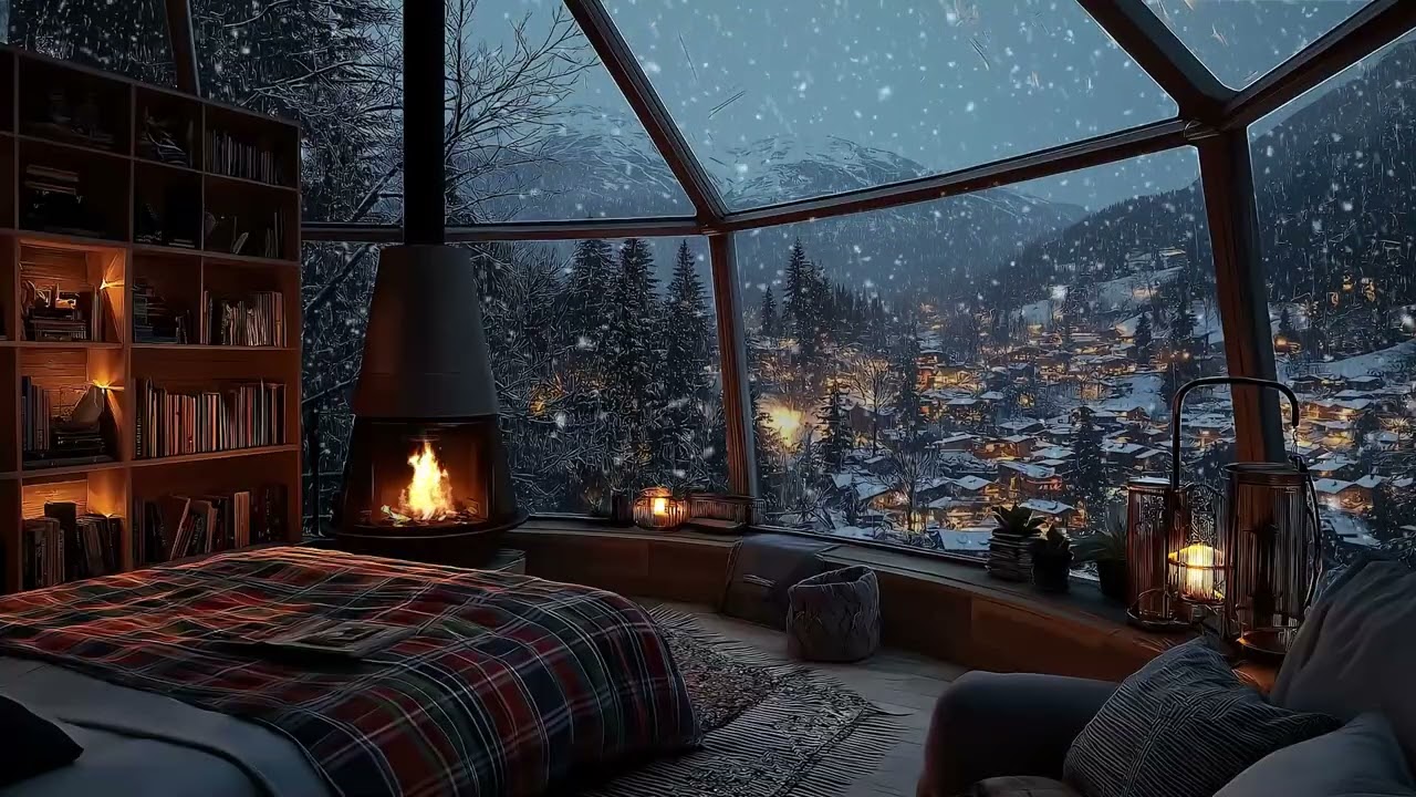 Whispering Snow Cabin Night | Cozy Fireplace Glow & Winter Ambience for Sleep