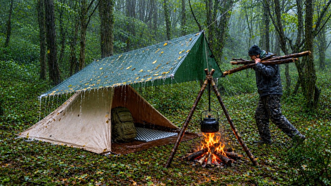 Cozy Shelter Camping in Heavy Rain | A Rainy Night in the Forest
