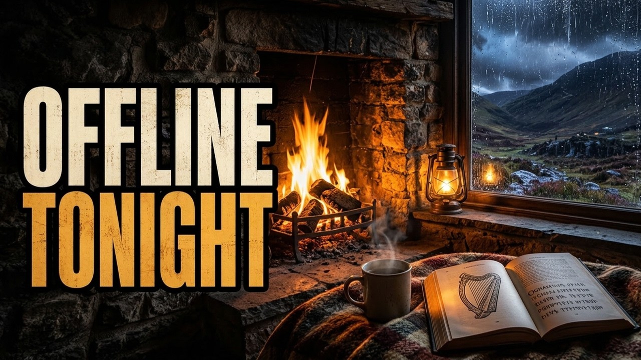 A Room Before the Internet | Highland Rain, Peat Fire & Celtic Harp | 3 Hours