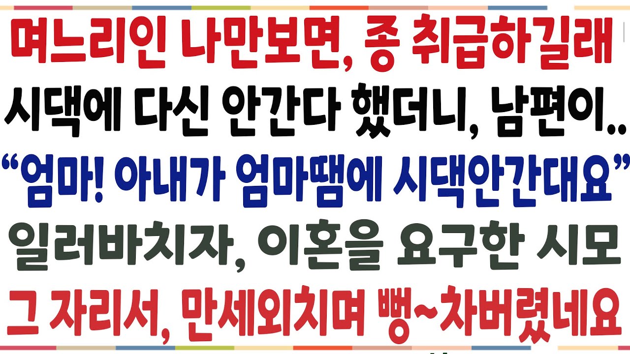 (반전신청사연)매번 며느리인 나만보면 식모처럼 부려먹길래 시댁에 다신 안간다했더니 