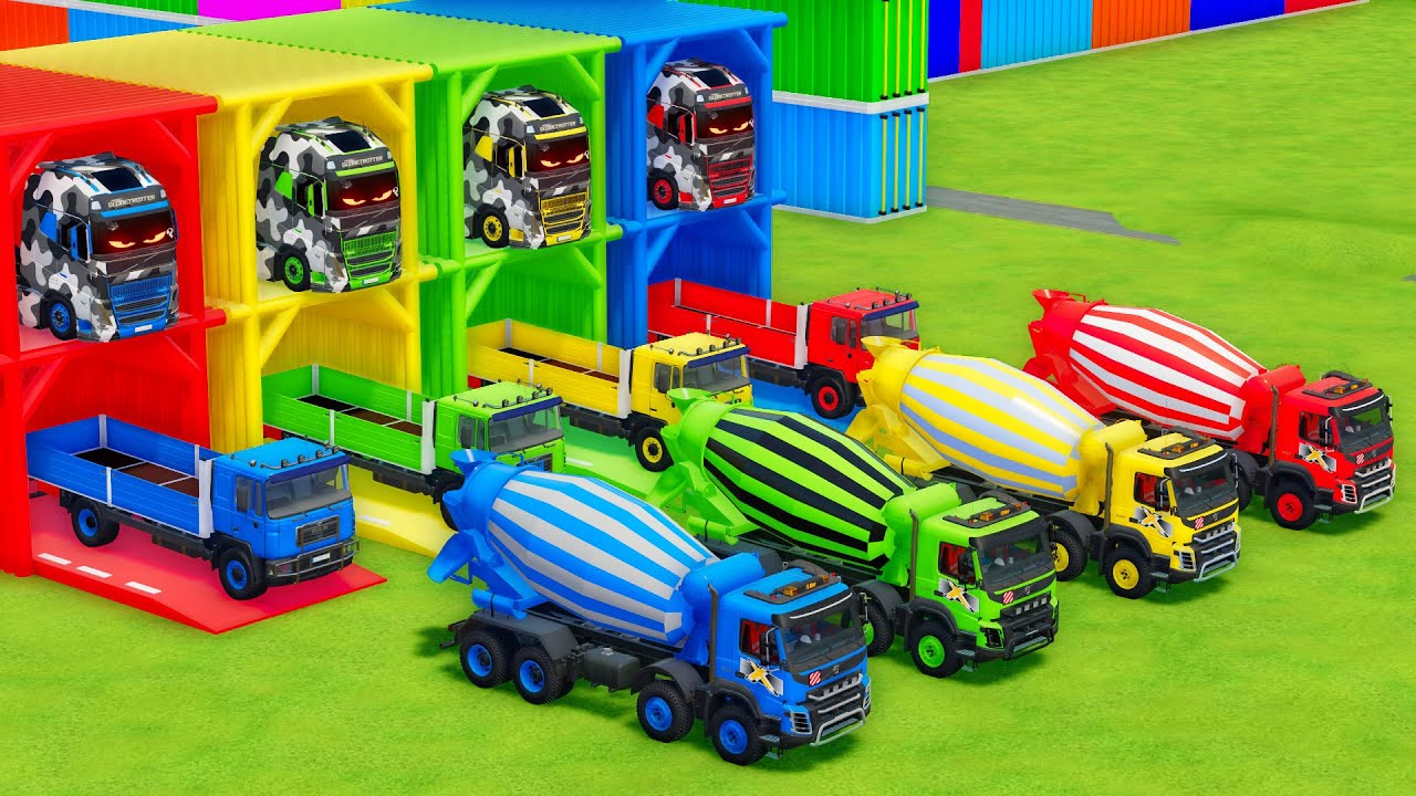 Garage with Colors - ALL MIXER TRUCK WITH DOUBLE FLATBED TRAILER TRUCK, MAN, VOLVO - FS22