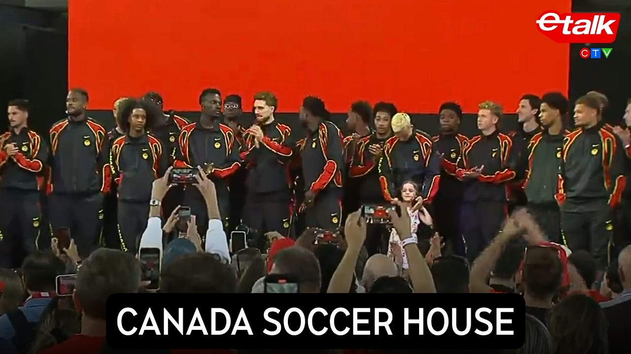 Team Canada celebrates at the &lsquo;Canada Soccer House Toronto&rsquo; pep rally