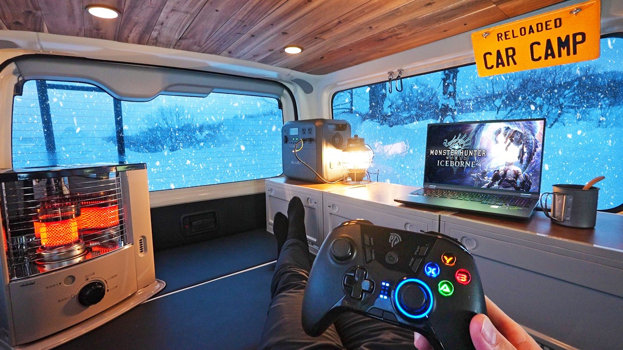 Gaming in Snow Storm: Cozy Van Camp in the Ice Mountain.