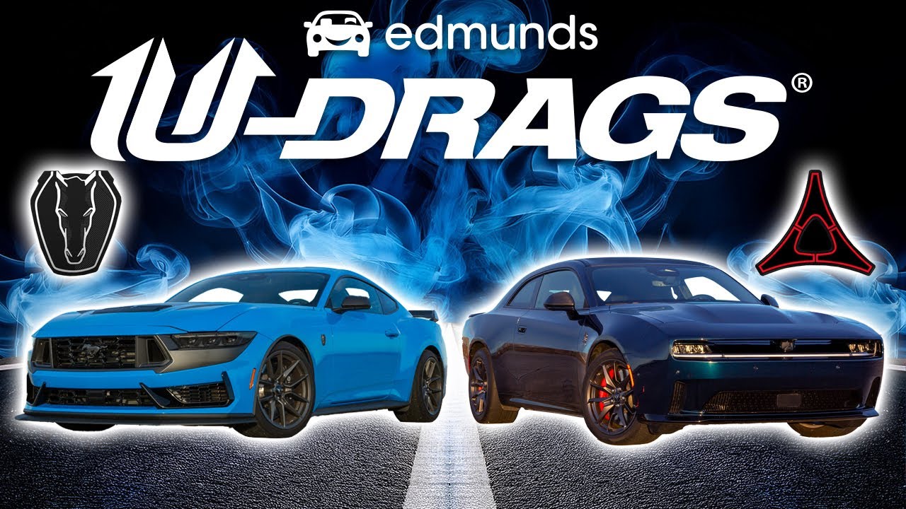 EDMUNDS U-DRAGS: Ford Mustang Dark Horse vs. Dodge Charger Daytona EV | Handling, Acceleration, More