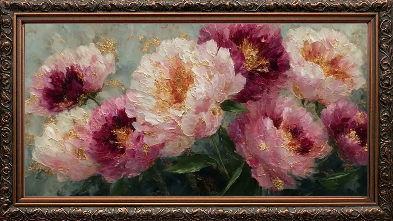 HOT PINK PEONIES PAINT FOR SAMSUNG FRAME TV ART | Frame TV ART | Golden Framed Art | 4k wallpaper