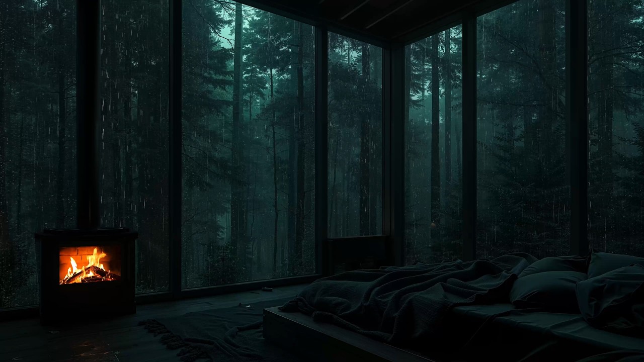 99% Fall Asleep Fast 😴 Rainy Night Ambiance Cozy Rain & Fire Crackling Sounds