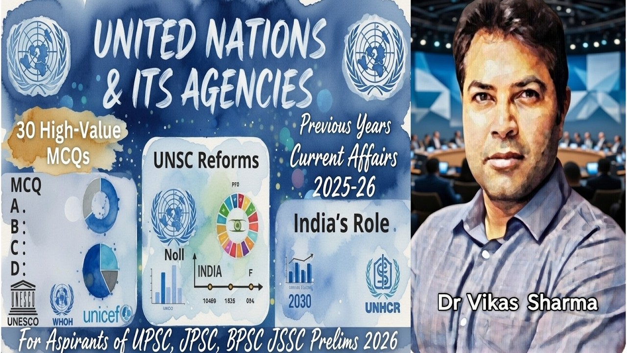 संयुक्त राष्ट्र संघ (UN)  30  MCQs | PYQs + 2025-26 करेंट अफेयर्स | UPSC/JPSC/BPSC/JSSC Prelims 2026