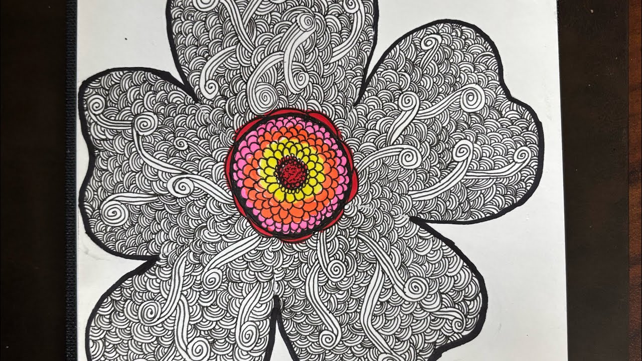 Flower with zentangle Curves and arcs : Pattern drawing for Bginners