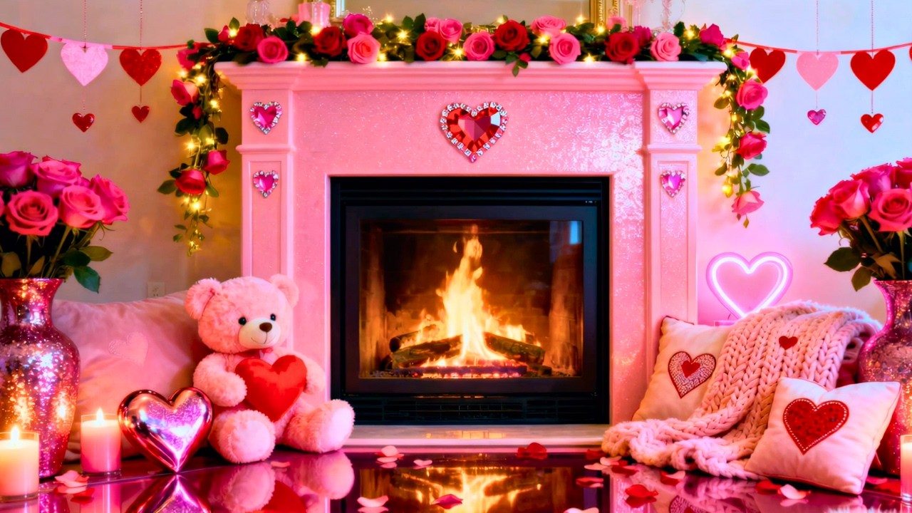 🩷🌹 Cozy Pink Valentine’s Fireplace Ambience 4K | Crackling Fire Sounds & Romantic Vibes