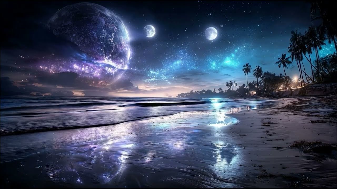 Cosmic Shoreline | Alien Beach Ambience with Twin Moons & Ocean Waves | 3 Hours Sleep & Focus