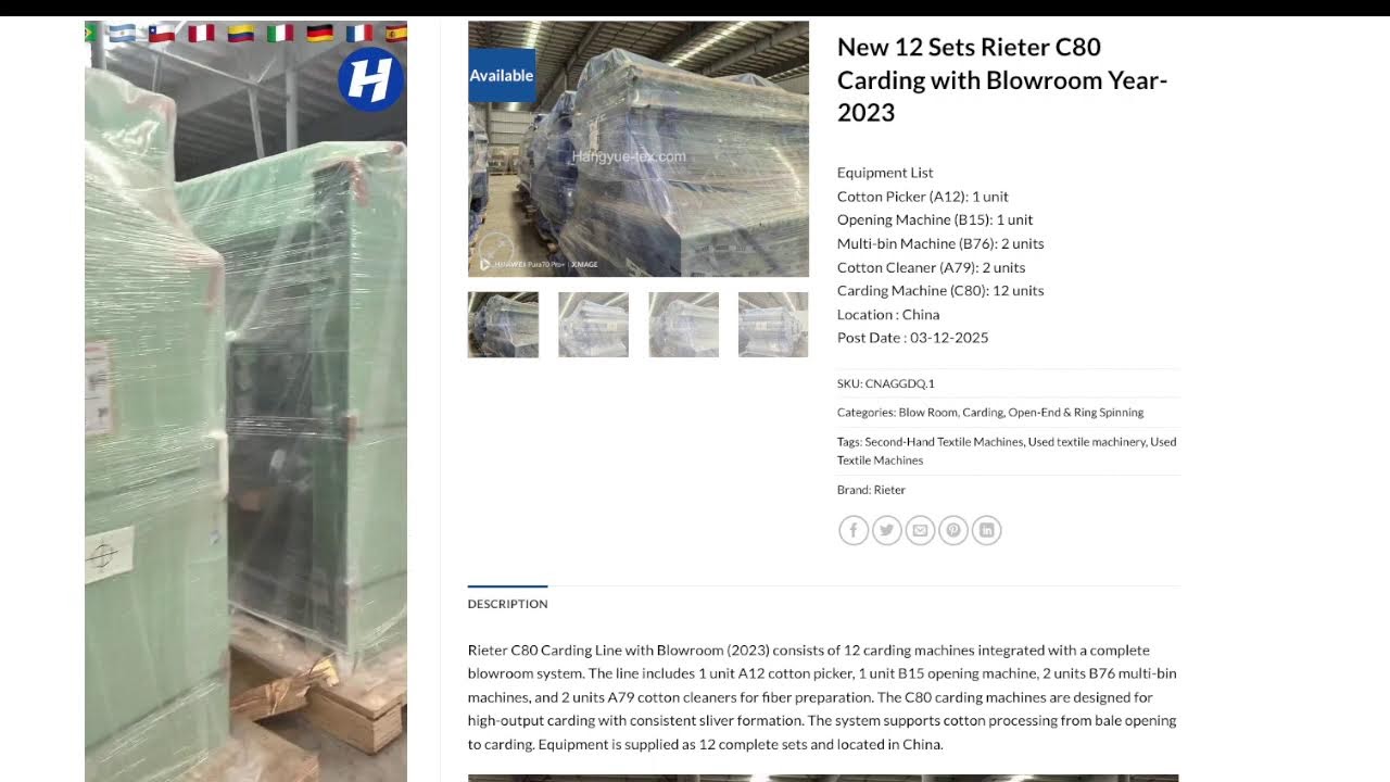 New 12 Sets Rieter C80 Carding with Blowroom Year-2023