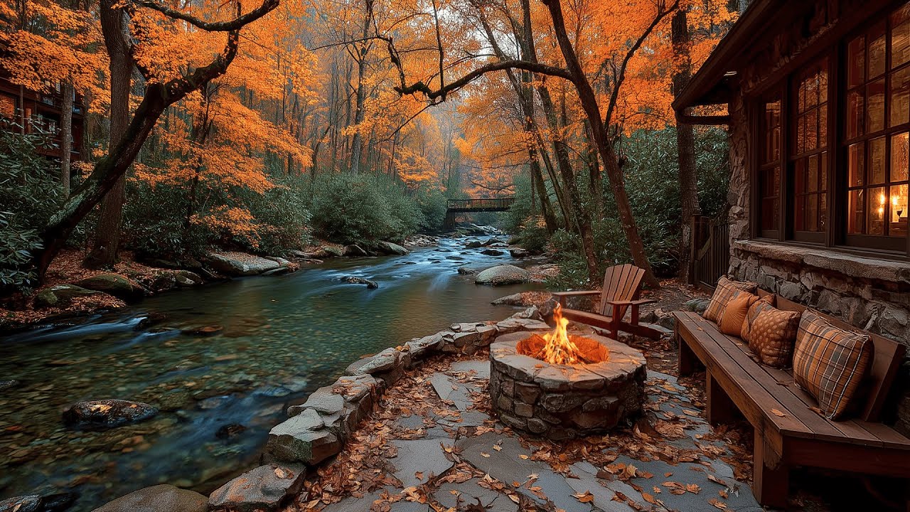 Cozy Autumn Porch Ambience | Peaceful Early Morning with Firepit Crackles & Birds Singing