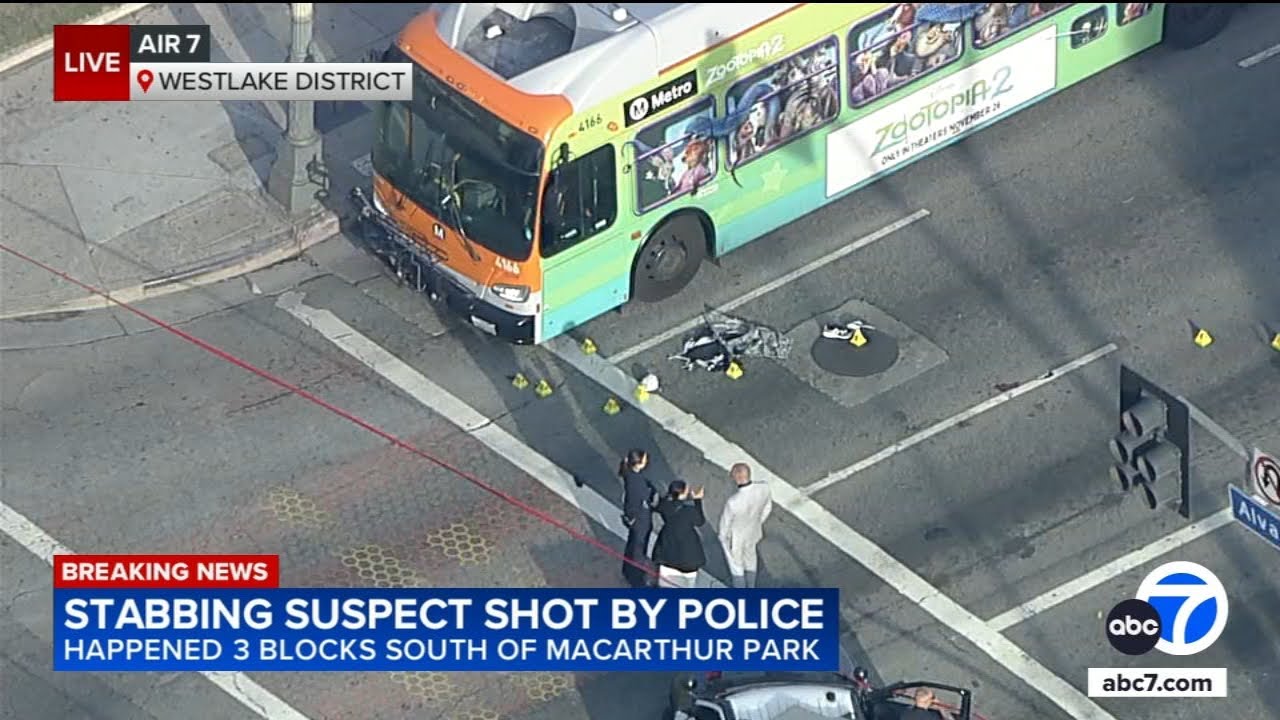 Suspect accused of stabbing man  shot by plainclothes detective, LAPD says
