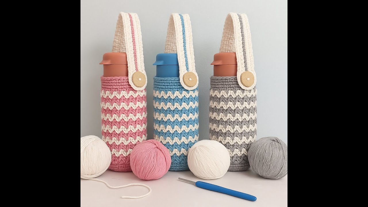 |151| Túi đựng bình nước dễ làm cho người mới, họa tiết đơn giản- [CROCHET THE BAG for bottle]