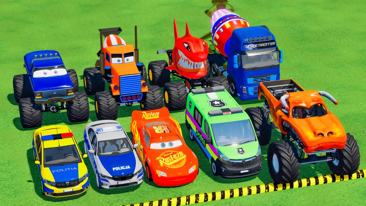 TRANSPORTING POLICE CARS, MONSTER TRUCK, FIRE TRUCK, COLORFUL CARS WITH TRAIN - FS22 #255