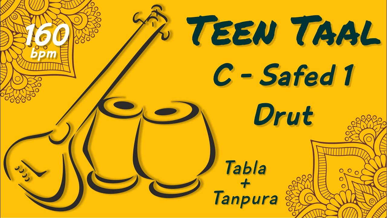 Drut C TeenTaal Tabla Loop, ध्रुत लय तीन ताल तबला ठेका (१६ मात्रा) Tanpura C, सफ़ेद १ Teen Taal Beats