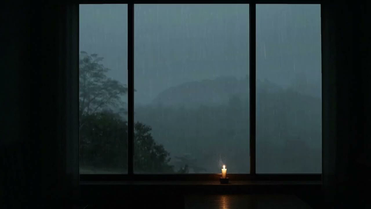 Heavy Rain Through Dark Window — Distant Thunder, Wind in Trees | Deep Night Ambience
