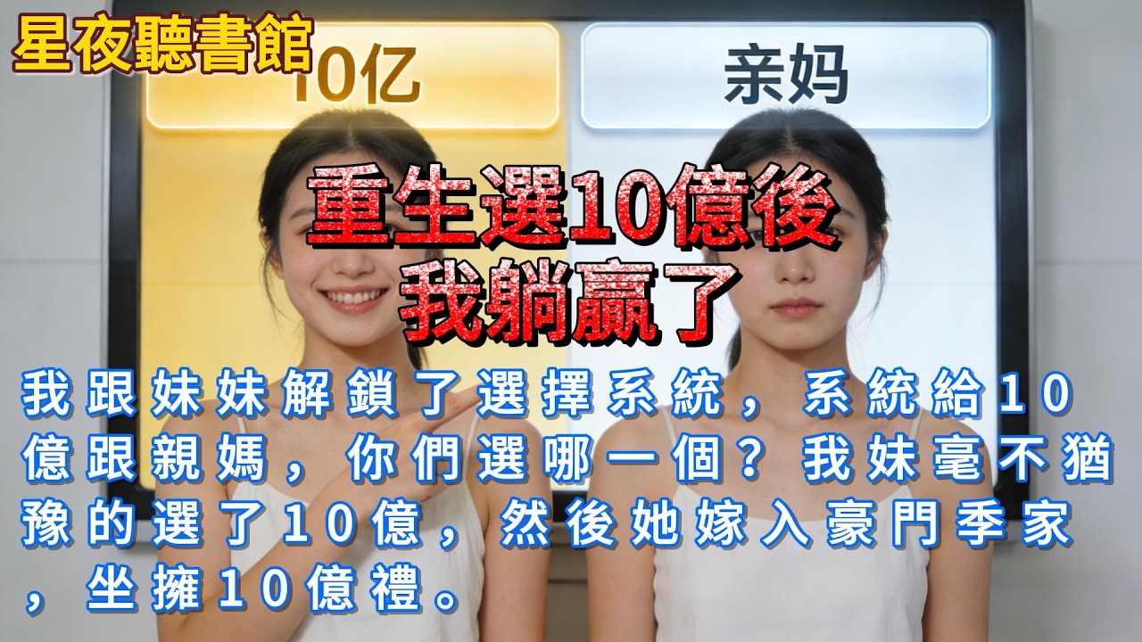 《重生選10億後，我躺贏了》我跟妹妹解鎖了選擇系統，系統給10億跟親媽，你們選哪一個？我妹毫不猶豫的選了10億，然後她嫁入豪門季家，坐擁10億禮。#爽文 #一口氣看完 #小說推文 #小說 #重生故事
